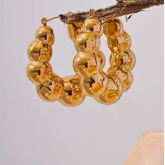 Large Golden Bubble Hoop Earrings - Picture 3 of 4